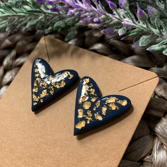 Navy & Gold Clay & Resin Large Heart Earring Studs - Picture 5 of 9